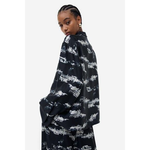 H&M EUC Patterned Satin Effect Set Shirt Pants Pajama Printed Navy White Size S - Picture 10 of 12